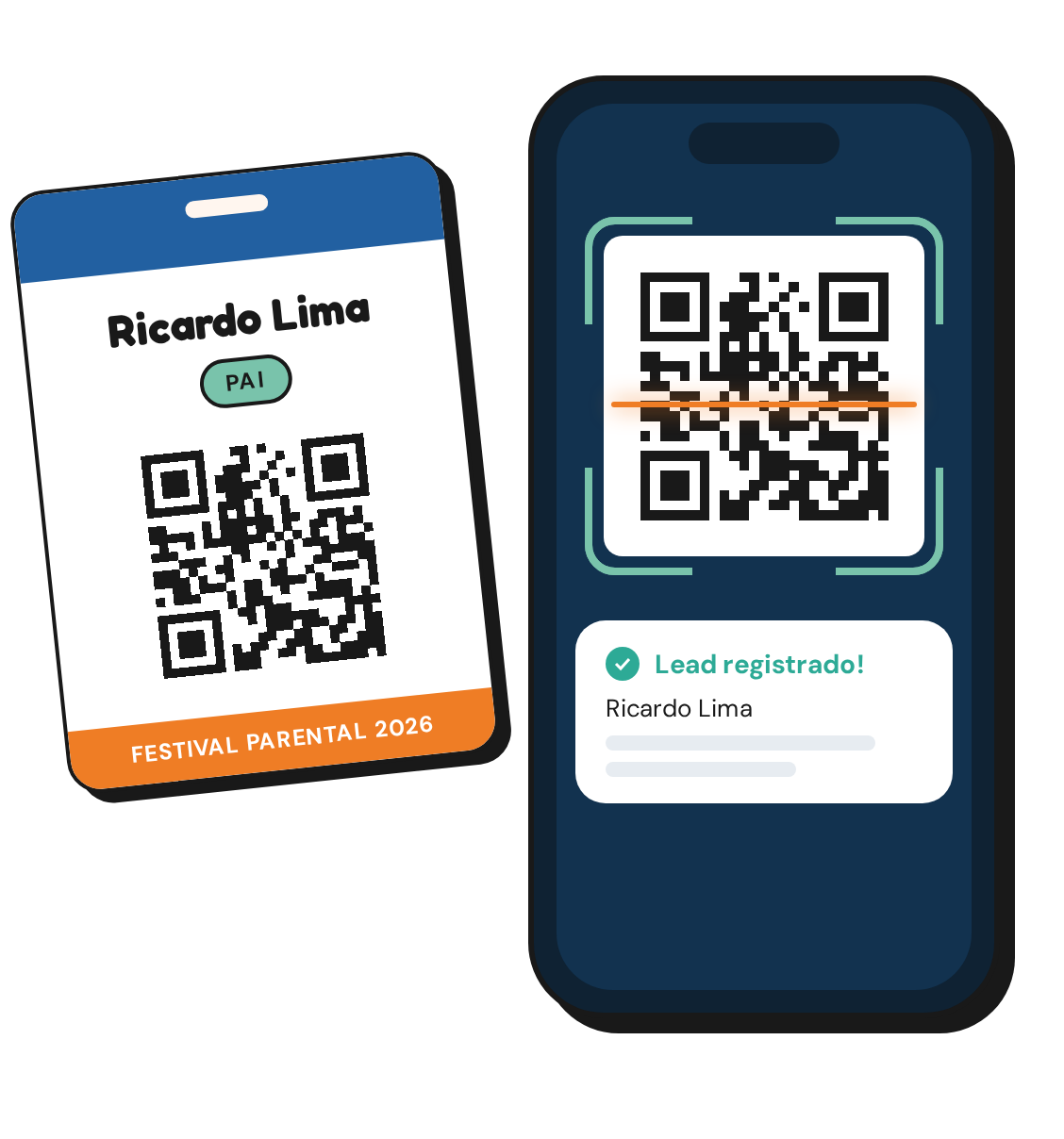 Crachá do participante ao lado de um celular fazendo a leitura do QR Code